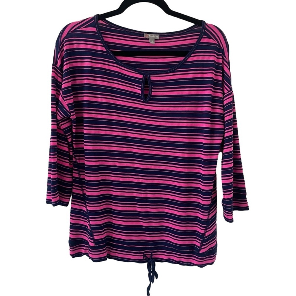 Talbots Navy Blue Hot Pink Stripped Top Medium Drawstring Key Hole rounded neck